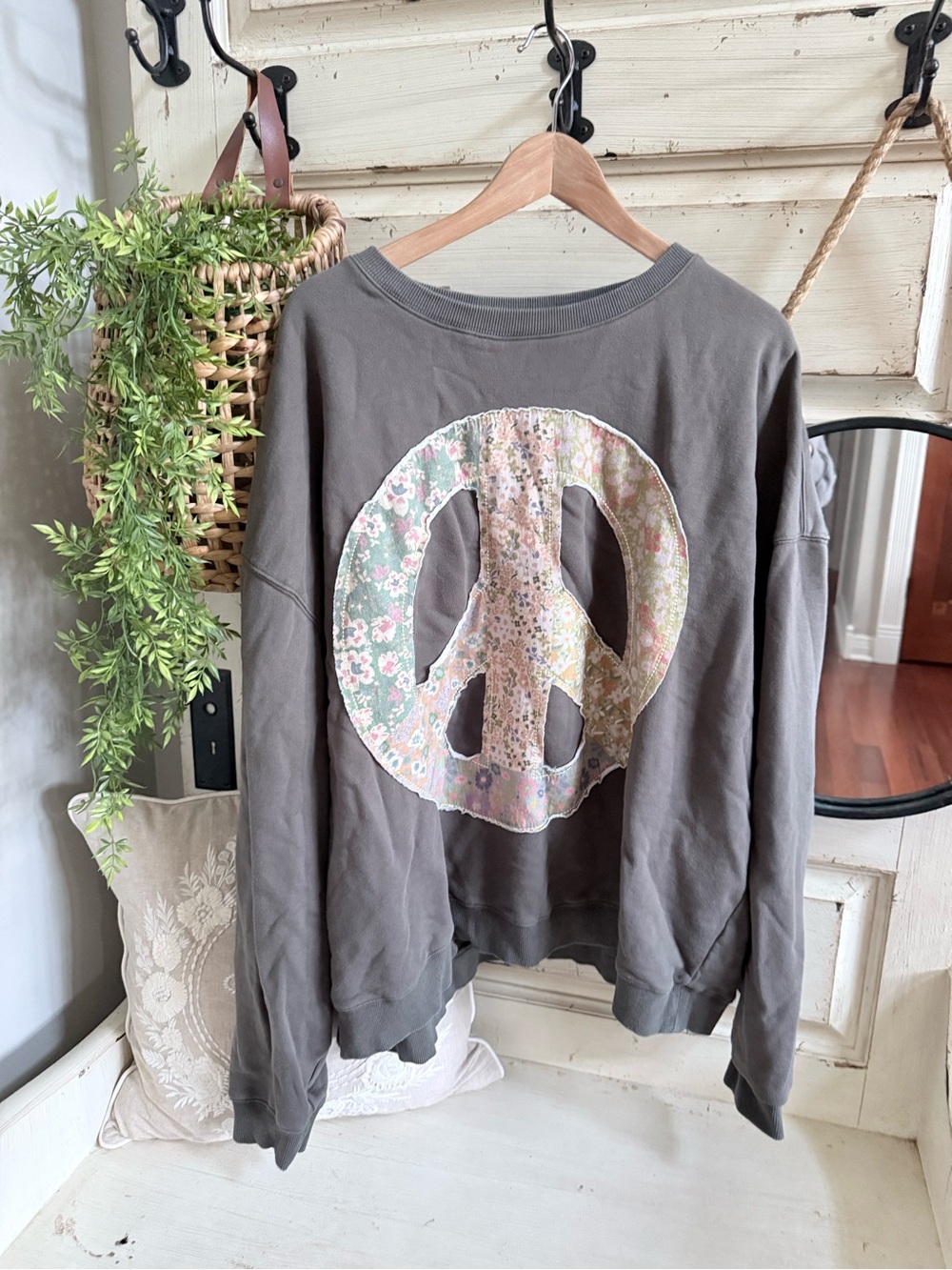 NATURAL LIFE Charcoal Crewneck Sweatshirt with Floral Peace Patch